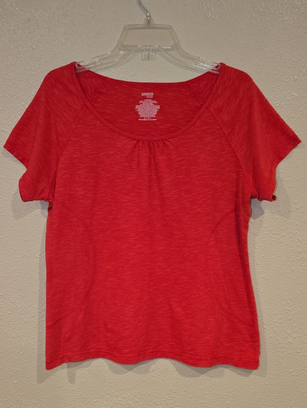 Danskin Now Tee - Vibrant Coral Pink Scoop Neck with Gather - Short Sleeves